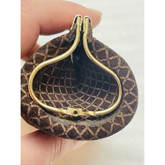 VTG Italian Suede Leather Coin Purse Kiss Lock Gold Hardware Brown Geometric - Picture 6 of 11